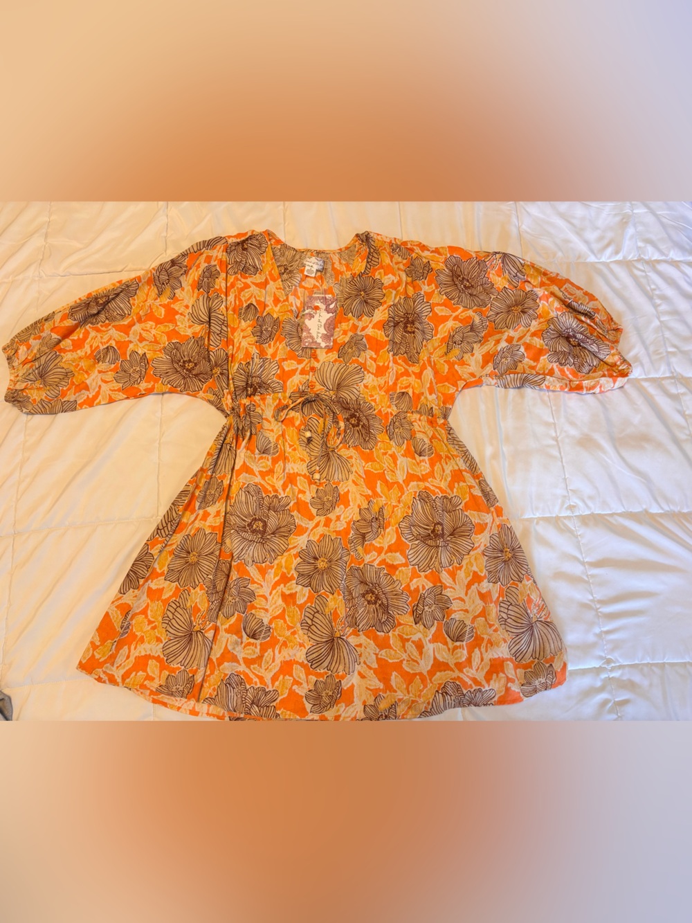 Orange Floral Midi Dress with Puff Sleeves